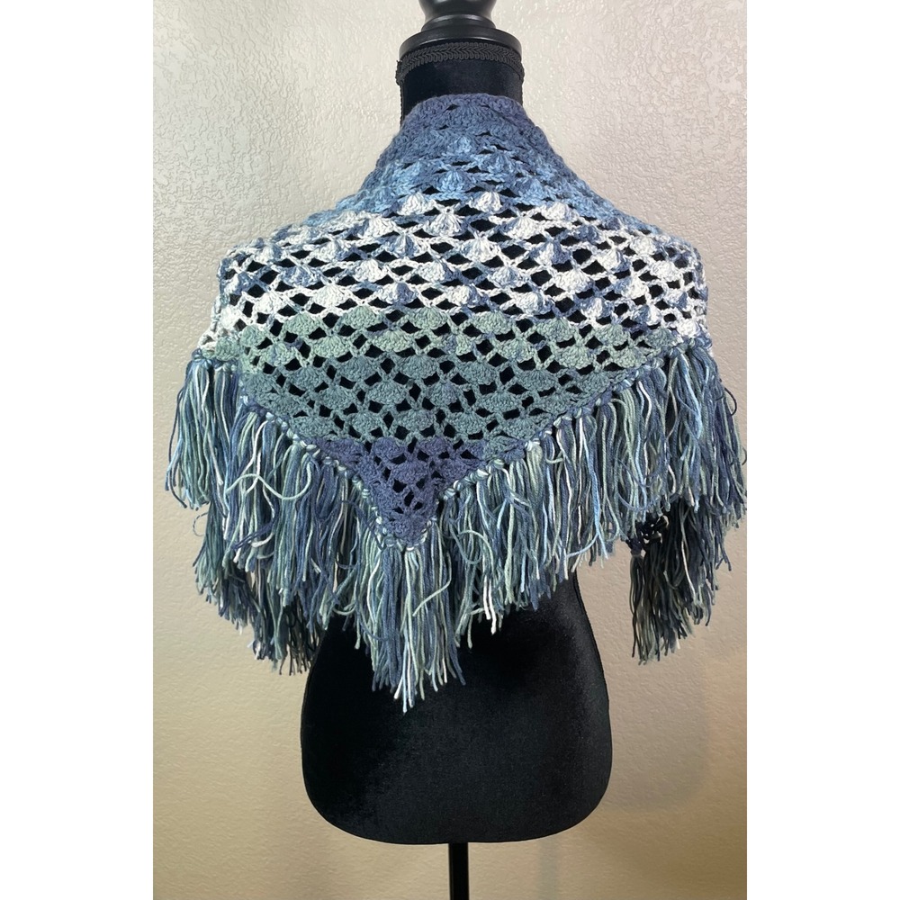 Womens Handmade OS Shawl Blue Ombre Crochet Fringe Triangle Wrap Scarf Layer
